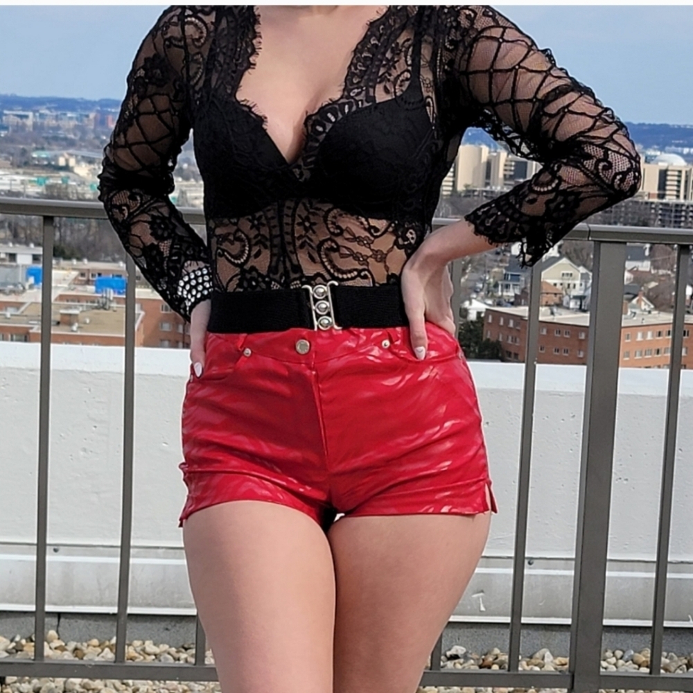 Black lace Women BODYSUIT sexy see-through top blouse Sz SMALL